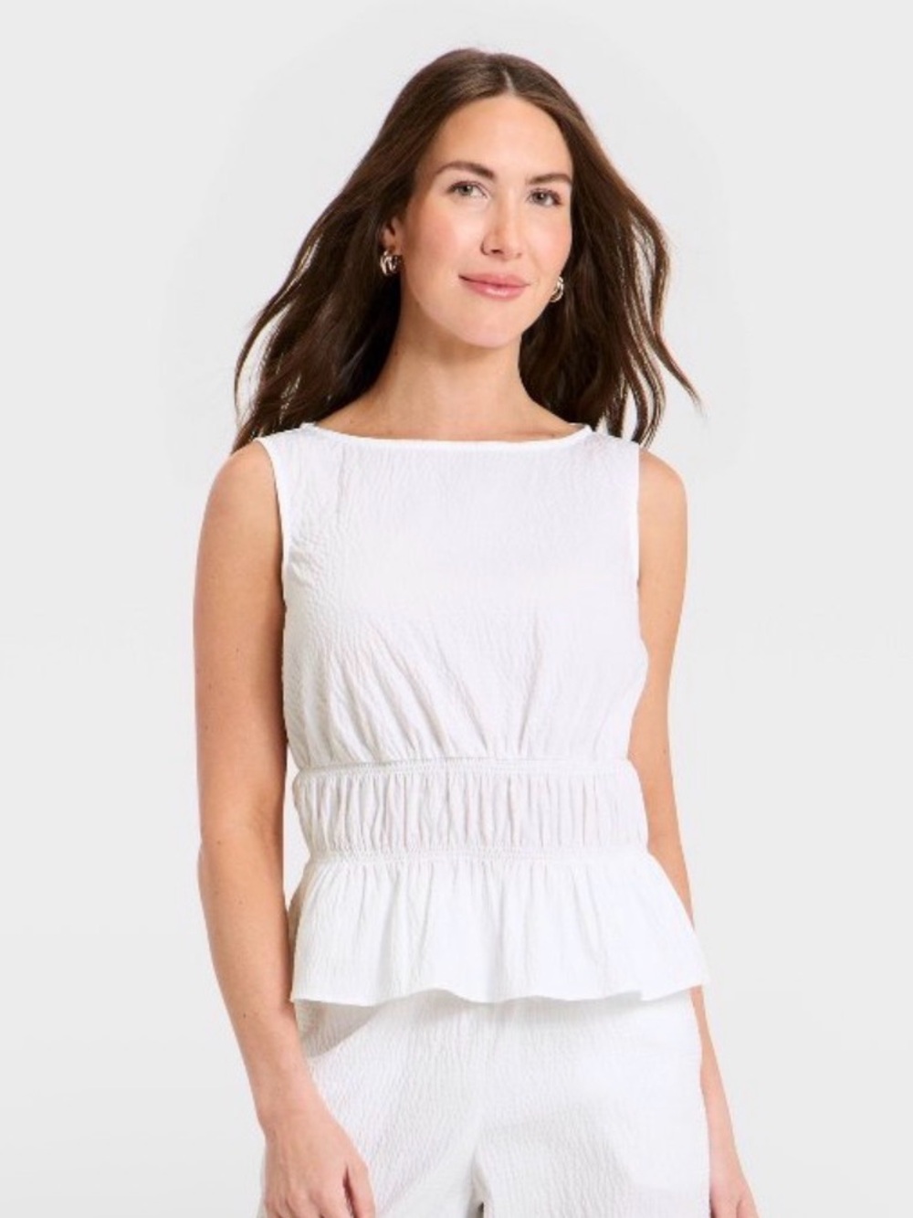NWOT - A New Day Women’s Seersucker Sleeveless White Peplum Top w/ Smocked Waist